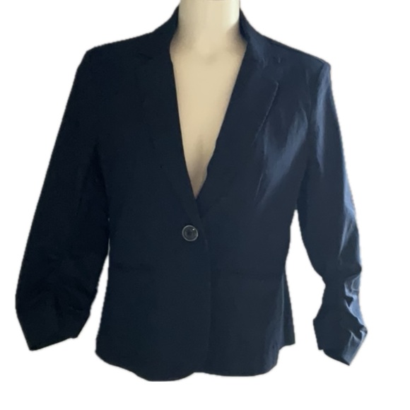 Dark Blue one button stretch with ruched sleeves blazer. - Picture 1 of 8